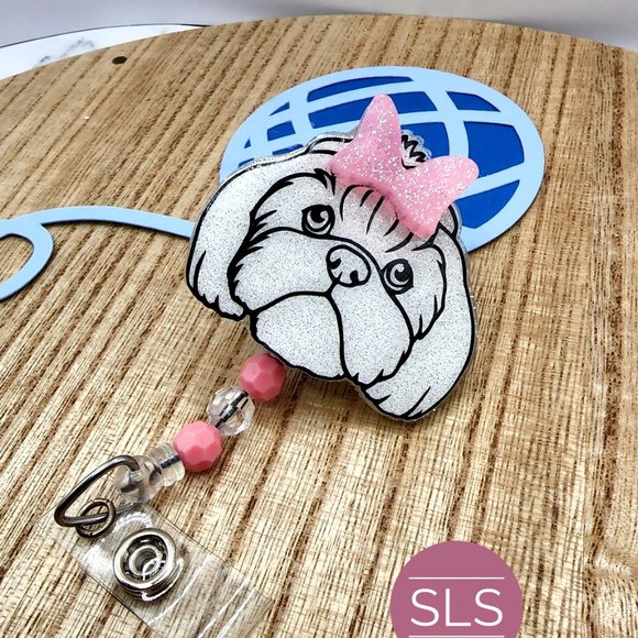 Cute White Shih Tzu Glitter Badge Reel with Pink Bow-Badge Reel With Beads - Picture 2 of 7